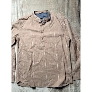 Melange Mens Brown Ikat Print Cotton Henley Shirt Mandarin Collar Long Sleeve M